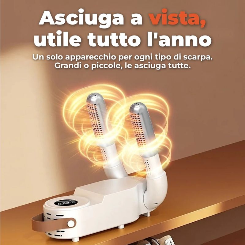 I due bracci dell'asciugascarpe emettono aria calda per asciugare le scarpe in poche ore