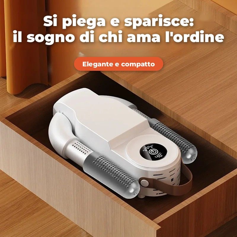 Asciugascarpe ripiegato riposto in un cassetto: occupa pochissimo spazio