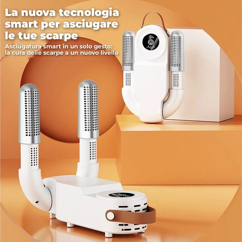 Asciugascarpe bianco con display e maniglia in similpelle