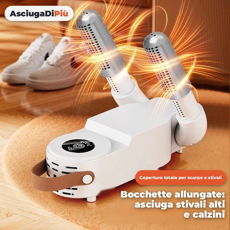 Asciugascarpe elettrico bianco con i due bracci che soffiano aria calda, accanto a un paio di sneaker